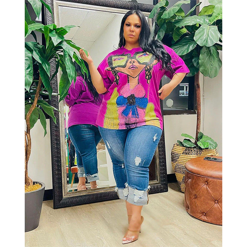 Camiseta informal holgada con cuello redondo y media manga para mujer con estampado gráfico