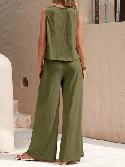 Conjunto de dos piezas para mujer: top sin mangas y pantalón ancho de color liso informal