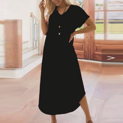 Women Casual Solid Color Short Sleeve V Neck Loose Maxi Dress