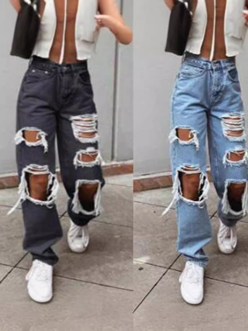 Vaqueros rotos holgados informales de moda para mujer