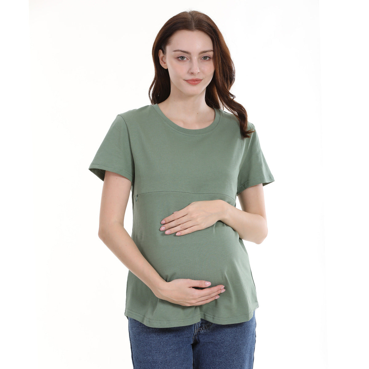 Camiseta informal de algodón de manga corta con cremallera para mujer embarazada y lactante