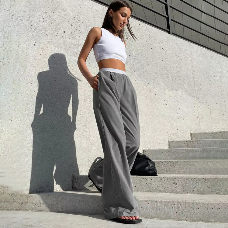 Women Fashion Loose Casual Solid Color Mopping Wide Legs Pants