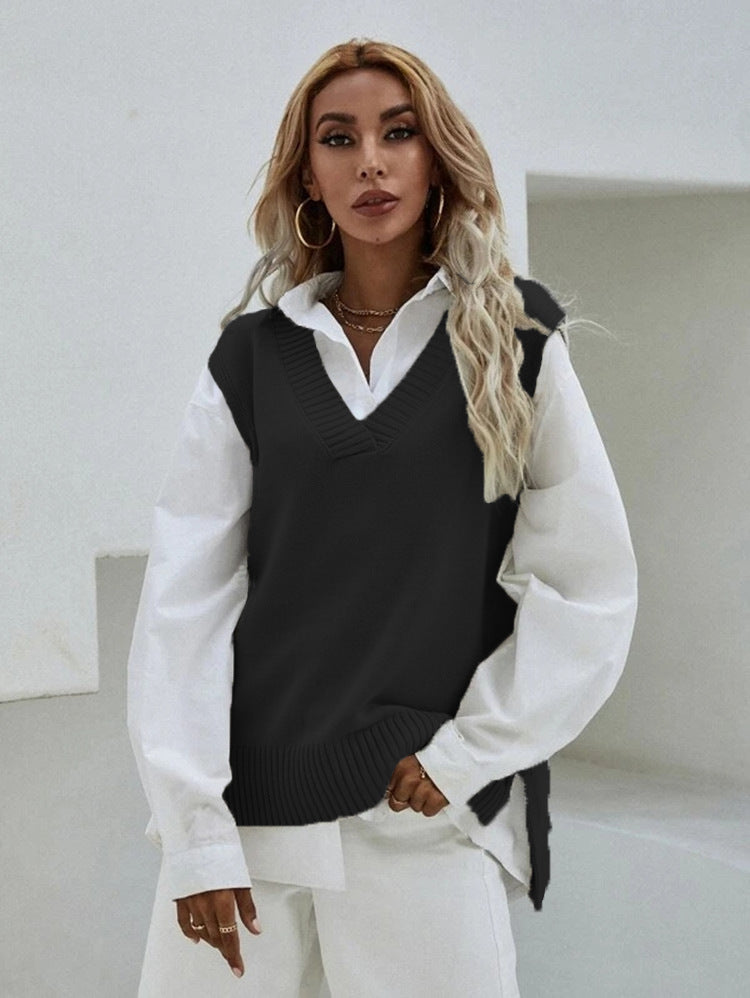 Women Casual V Neck Solid Color Knitted Tank Top
