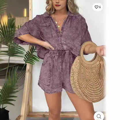 Conjunto de dos piezas de pantalones cortos casuales, holgados y cómodos para mujer