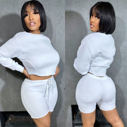 Women Solid Color Fashion Casual Long Sleeve Top Casual Shorts Set