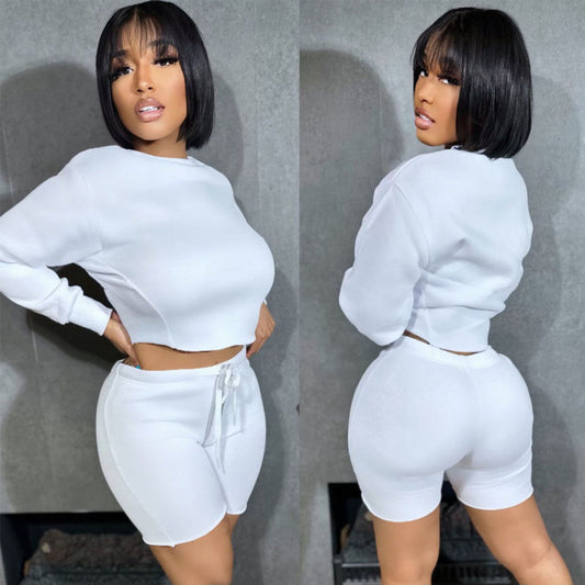 Conjunto de top y pantalones cortos casuales de manga larga de color liso para mujer