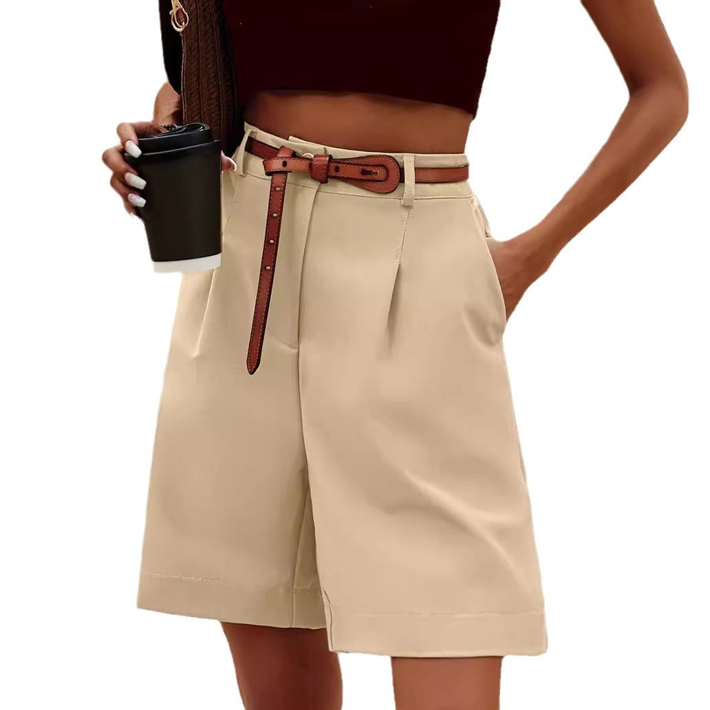 Women Fashion Casual Solid Color Elastic Waist Wide Leg Pockets Shorts