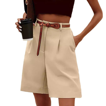 Women Fashion Casual Solid Color Elastic Waist Wide Leg Pockets Shorts