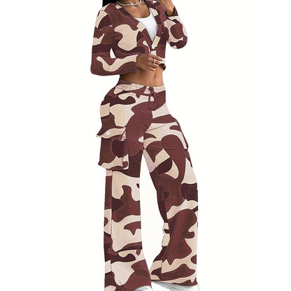Conjunto de dos piezas de top corto de manga larga con estampado de camuflaje informal para mujer