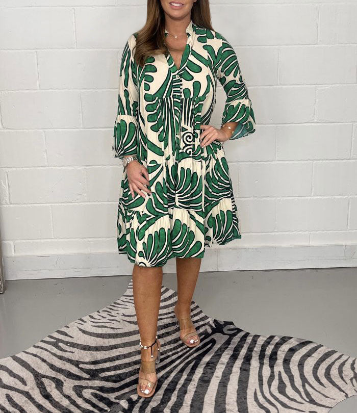 Casual Boho Women Graphic Print V Neck Loose Shirt Dress