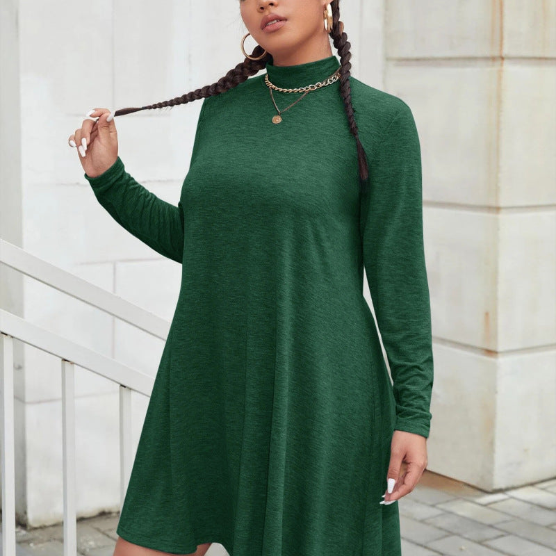 Women Fashion Casual Solid Color Mock Neck Long Sleeve Plus Size Dress