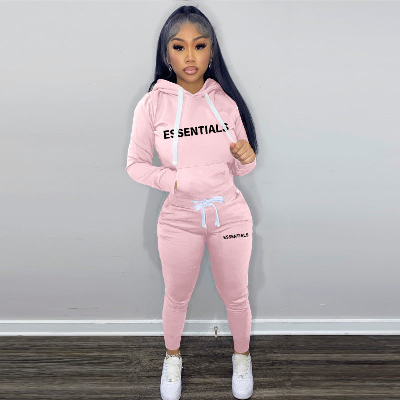 Fashion Women Athleisure Casual Style Letter Print Hoodied Drawstring Sweatpants Two-Piece Set