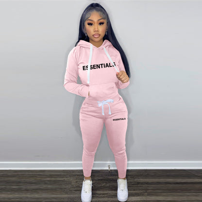 Fashion Women Athleisure Casual Style Letter Print Hoodied Drawstring Sweatpants Two-Piece Set