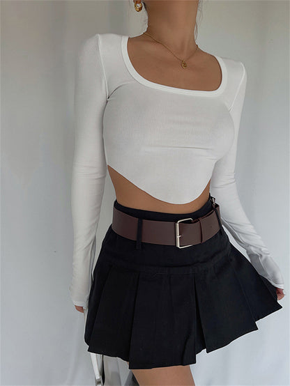 Women Fashion Casual Solid Color Square Collar Knitted Irregular Hem Long Sleeve Crop Top