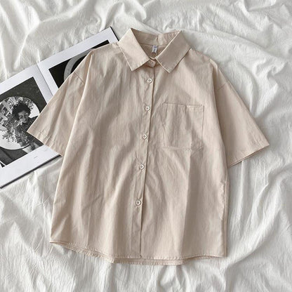 Casual Women Spring Summer Loose Fashion Short-Sleeve Solid Color Lapel Shirt Blouse