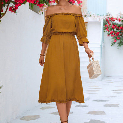 Fashion Vacation Spring And Summer Women'S Ruffled Off-Shoulder Casual Solid Color Midi Dress