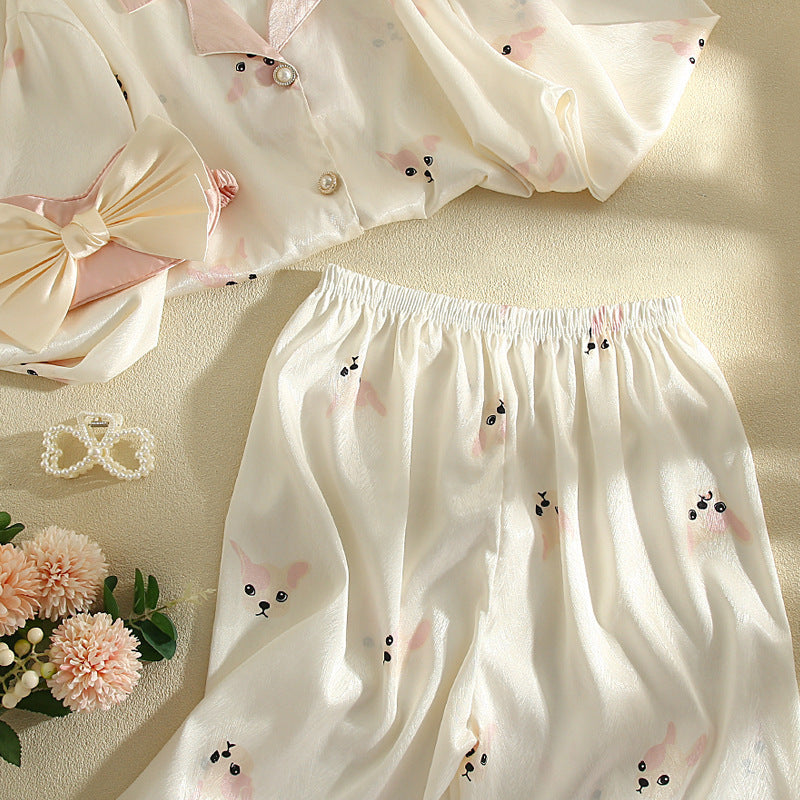 Conjunto de pijama informal con top y pantalón de manga larga con solapa y estampado para mujer