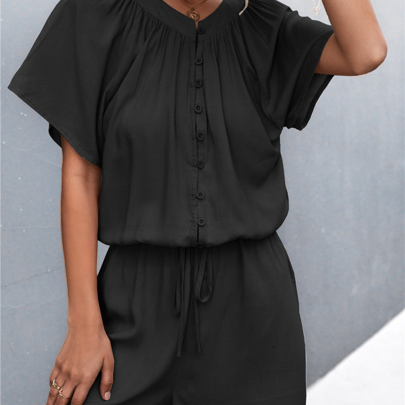 Women Solid Color Pleated Tie Button Casual Rompers