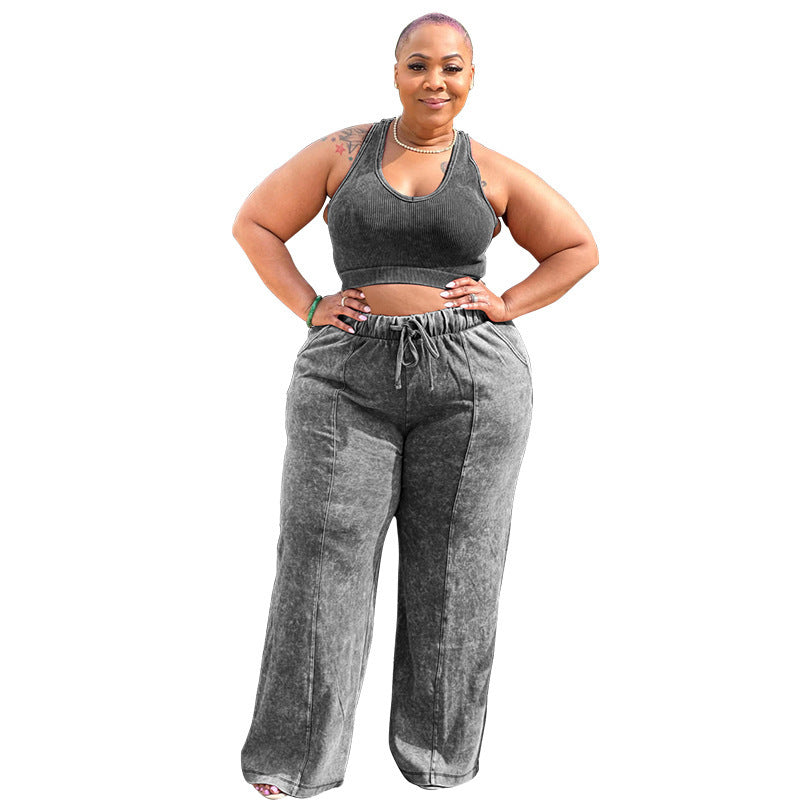 Casual Fashion Plus Size Women Athleisure Solid Color Crop Top And Pants Set