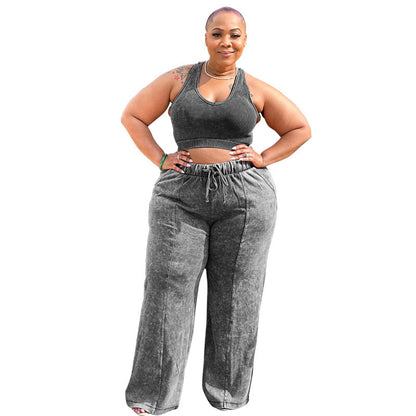 Casual Fashion Plus Size Women Athleisure Solid Color Crop Top And Pants Set