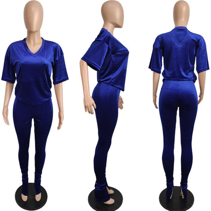 Conjunto de dos piezas de camiseta holgada y pantalones ajustados de terciopelo de color liso para mujer, informal, de verano