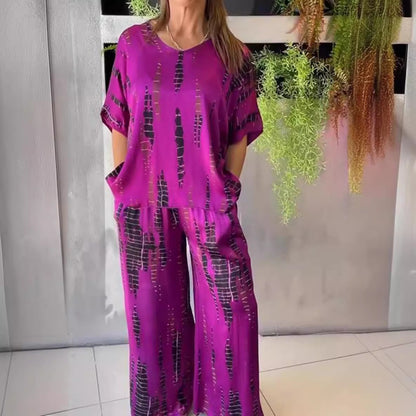 Conjunto de dos piezas de verano para mujer, informal, estampado, cuello redondo, manga corta, pantalones anchos y parte superior