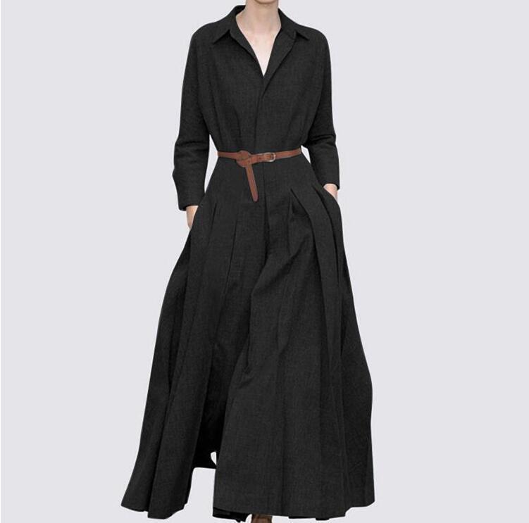Vestido largo informal elegante de manga larga con solapa en color liso para mujer