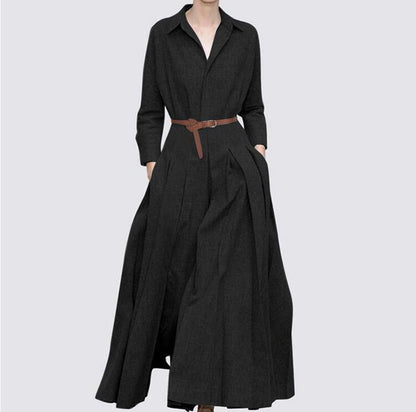 Vestido largo informal elegante de manga larga con solapa en color liso para mujer
