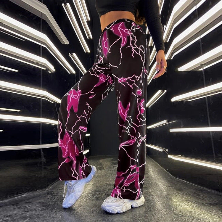 Women Fashion Casual Lightning Priningt Loose Straight-Leg Pants