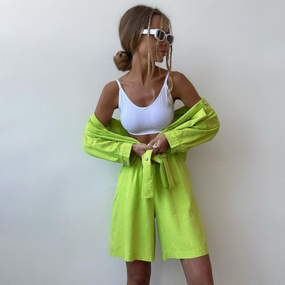 Traje informal holgado de dos piezas para mujer, de color liso, con camisa de solapa de manga larga y pantalones cortos, con botonadura sencilla