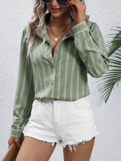 Blusa informal holgada de manga larga con solapa y rayas para mujer