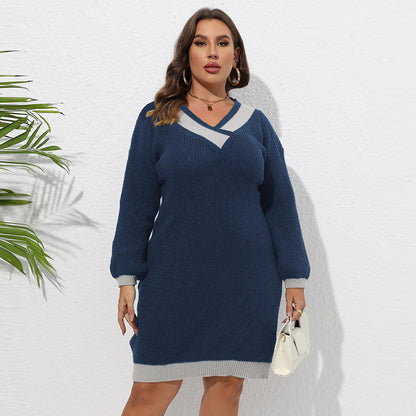 Vestido informal de punto con cuello en V y manga larga en contraste de color para mujer, talla grande, para invierno y otoño