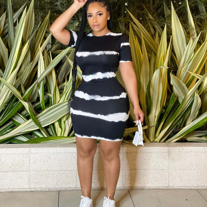 Women Fashion Casual Stripe Print Short Sleeve Tight Dress