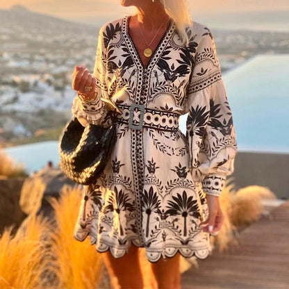 Women Casual Bohemian Print V-Neck Long Sleeve Dress