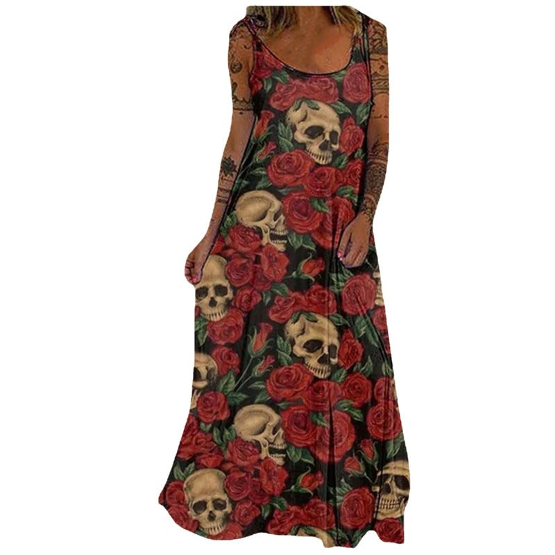 Casual Boho Stlye Women Halloween Skull Print Loose Maxi Dress