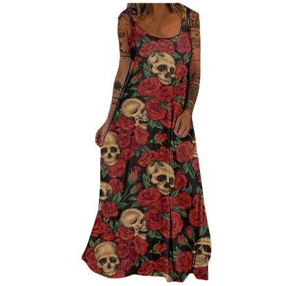 Casual Boho Stlye Women Halloween Skull Print Loose Maxi Dress