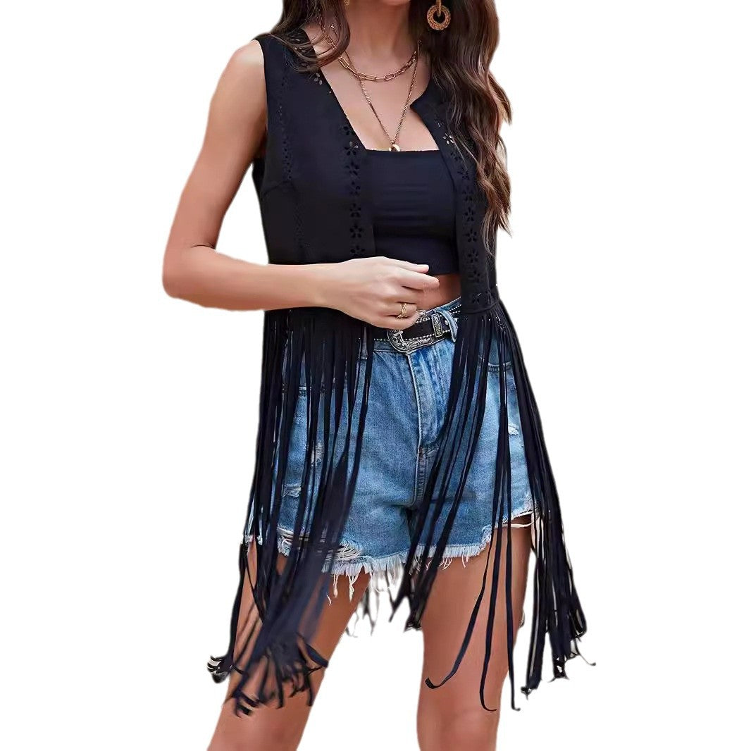Women Casual Retro Solid Color Hollow Long Tassel Vest