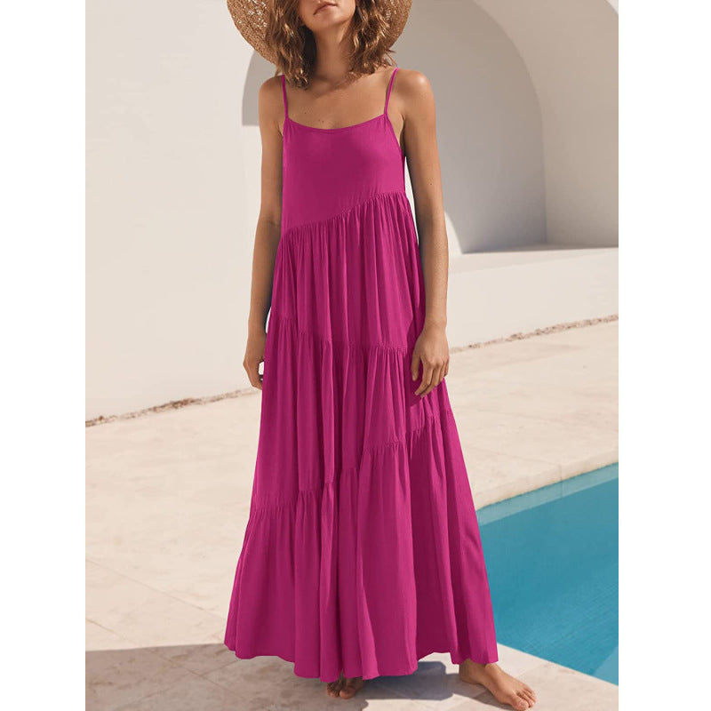 Women Fashion Casual Solid Color Sling Creased Maxi Dress