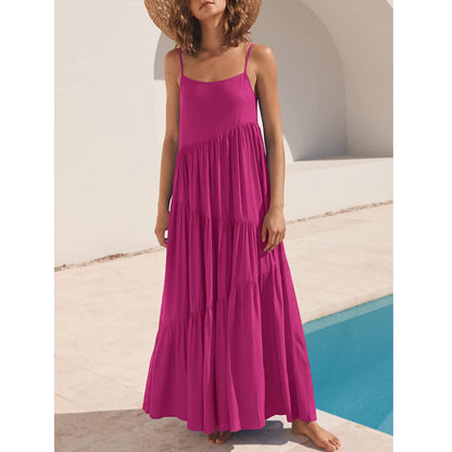 Women Fashion Casual Solid Color Sling Creased Maxi Dress