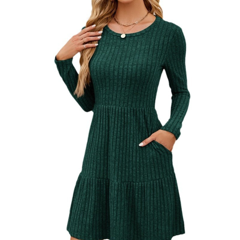 Women Crewneck Pocket Casual Knee Length Long Sleeve Knitted Dress