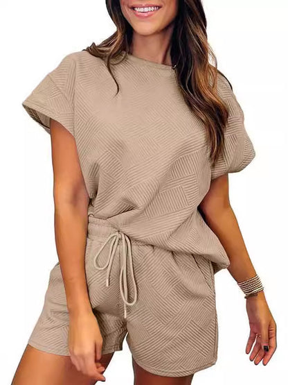 Conjunto de dos piezas informal para mujer, color liso, cuello redondo, manga corta, pantalones cortos con cordones