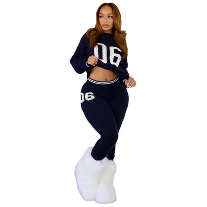 Women Fashion Casual Letters Long Sleeve Round-Neck Sweater Tight Pants Knitted Stwo-Piece Set
