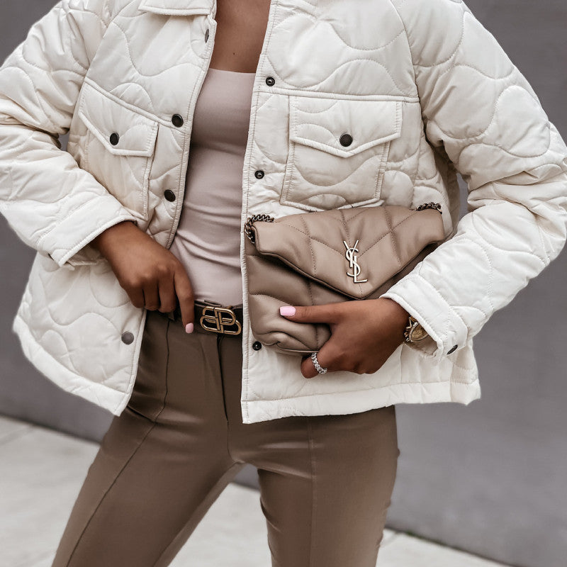 Abrigo corto acolchado de un solo pecho con cuello alto, color liso, informal, de moda para mujer, otoño e invierno