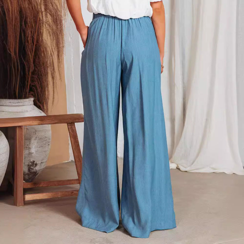 Pantalones anchos de encaje de cintura alta de color sólido casuales de moda de verano para mujer