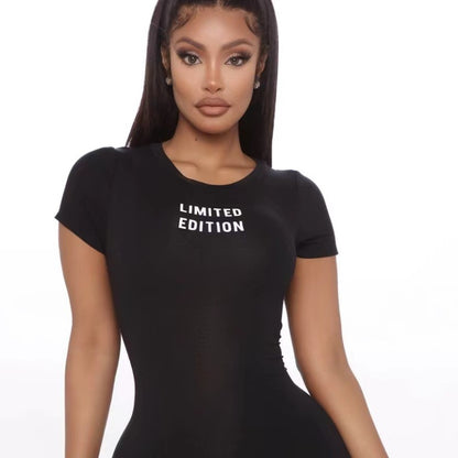 Women Fashion Casual Basic Letter Print Short Sleeve Round Neck Tight Dress