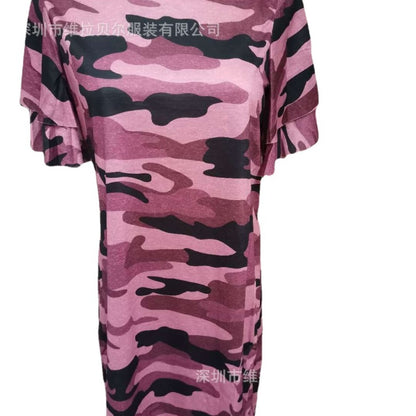 Women Fashion Casual Camouflage Print Ruffled Dress