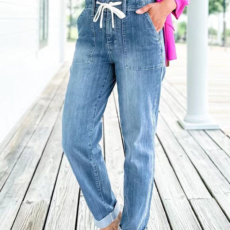 Women Casual Plus Size Real Pocket Stretch Washed Drawstring Jeans
