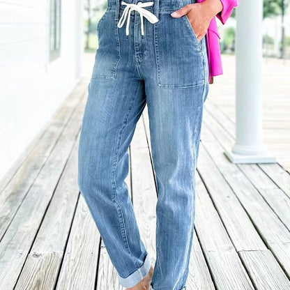 Women Casual Plus Size Real Pocket Stretch Washed Drawstring Jeans