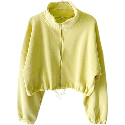 Women Casual Solid Color Fleece-Lined Warm Stand Neck Long-Sleeve Drawstring Sports Top