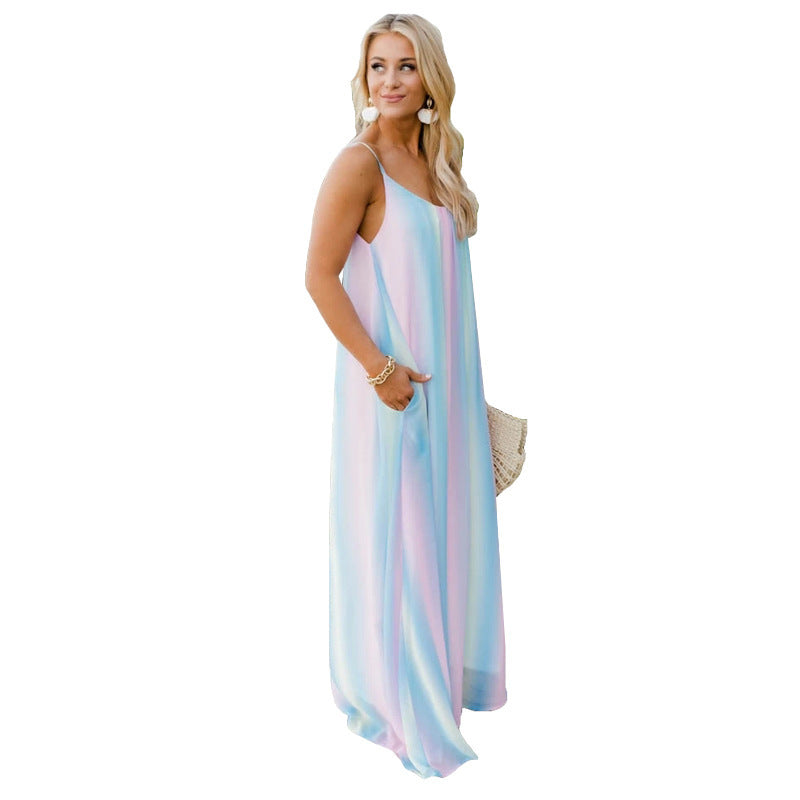 Women Fashion Casual Vacation Beach Gradient Chiffon Strap Dress